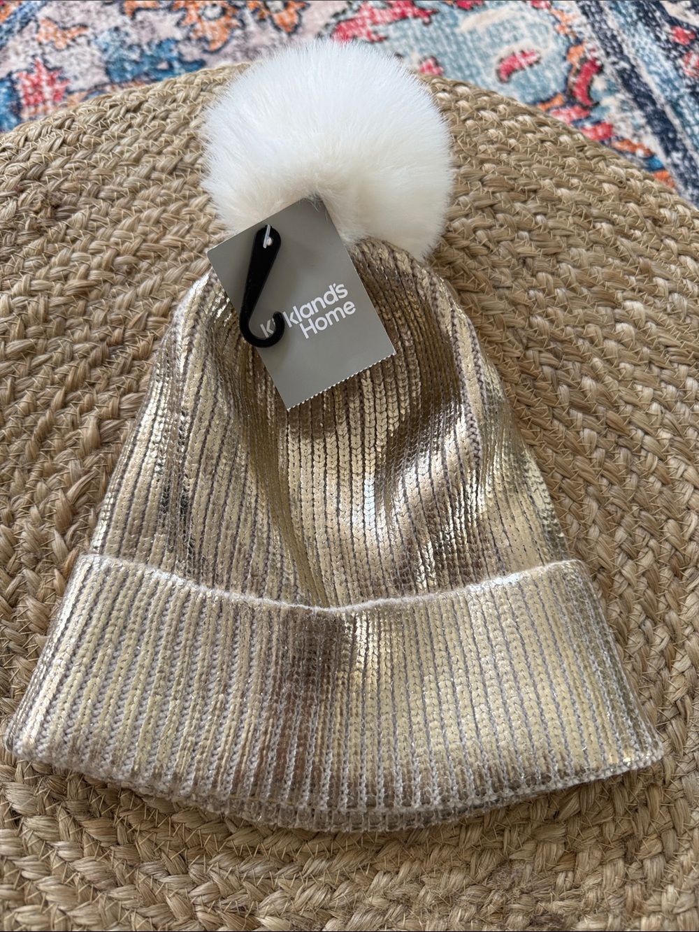 NWT Beanie shimmer gold with white fluffy top Pom